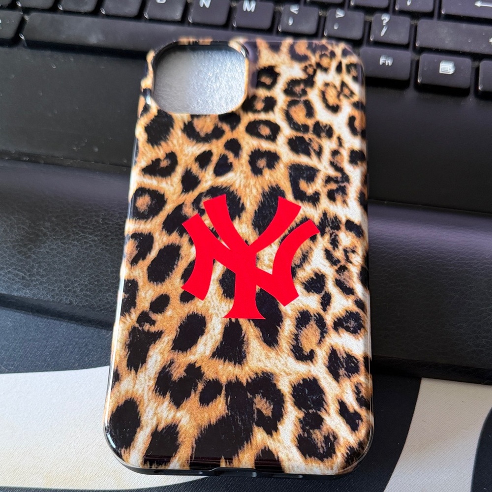 Leopard Print iPhone 15 Plus Case with Red NYY Emblem